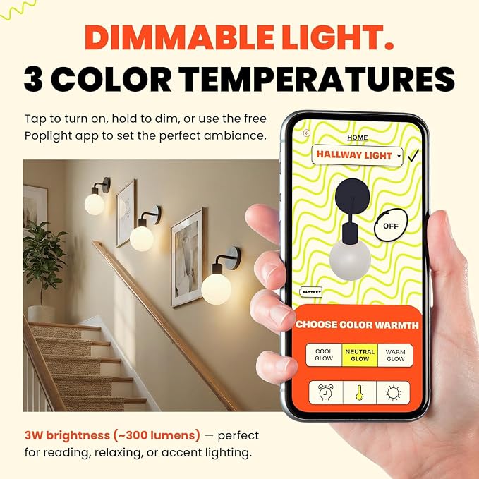 Poplight Wireless Wall Sconce (Shark Tank) Rechargeable & Dimmable LED Light w/App Control & Damage-Free Install, Moveable Modern Ambient Lighting for Elegant Home & Bedroom Decor | Matte Black