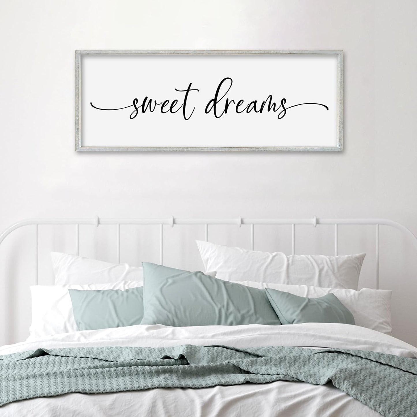SRSZHIYUE Sweet Dreams Above Bed Wall Decor, 32"x12" Large Rustic Master Bedroom Over Bed Sign Guest Room Couples Wood Framed Farmhouse Horizontal Hanging Decoration (White)