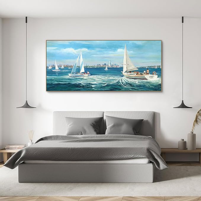 Sailboat Wall Art for Living Room Framed Canvas Beach Artwork for Walls | Extra Large 70x31 Inches Landscape Modern Seascape Picture Sailboat Artwork for Bedroom Bathroom Office Home Wall Decor