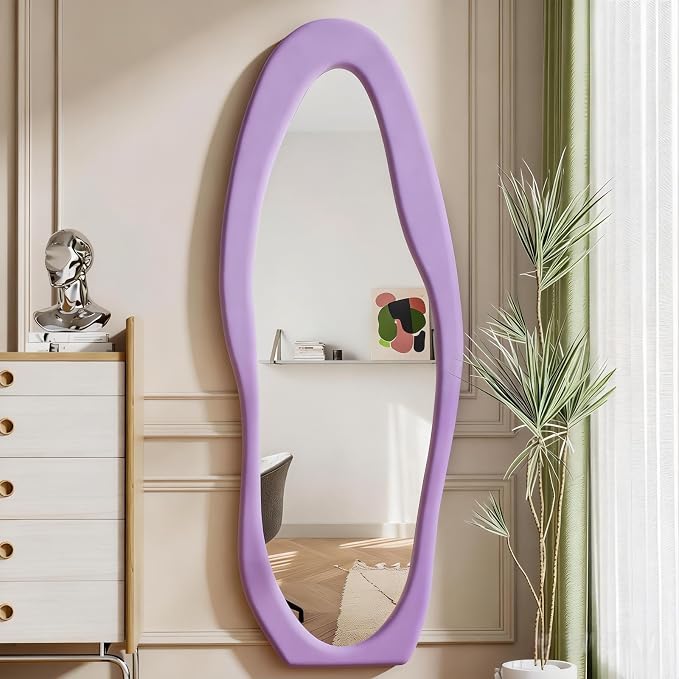 Dewfig Full Length Mirror, 63" x 24"Irregular Mirror, Large Floor Length Mirrors Wall Mounted, Standing Mirrors with Flannel Wrapped Wooden Frame for Bedroom/Living Room, Purple
