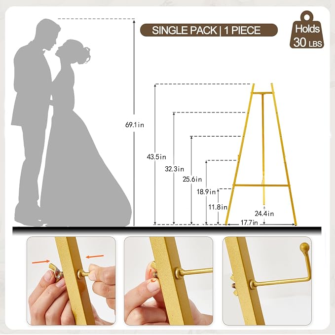 Gold Easel Stand for Sign, 43.5in Heavy Duty | 43.5in height, 4 adjustable tiers, holds 30 lbs, wedding signs, photos, mirrors, tabletop & floor displays, folding metal
