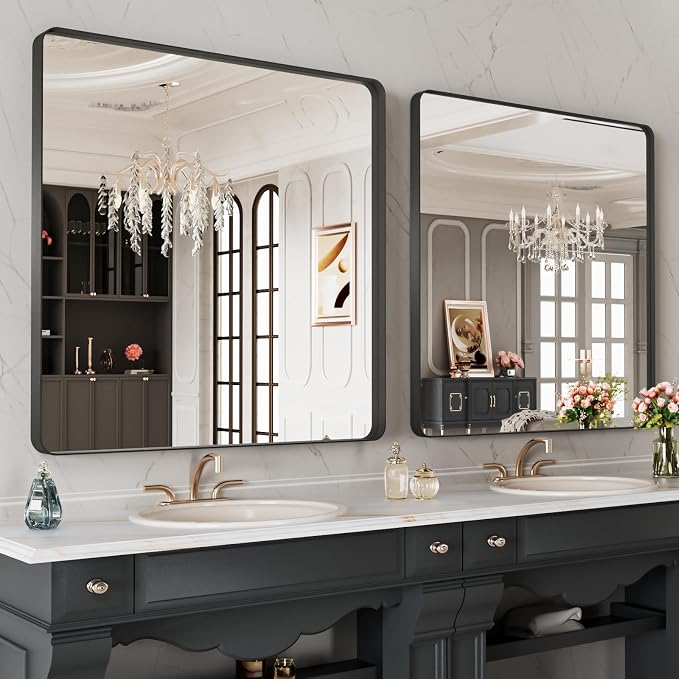 LOAAO 32X32 Inch Black Metal Framed Bathroom Mirror for Wall, Matte Black Bathroom Vanity Mirror Farmhouse, Anti-Rust, Hangs Horizontally or Vertically