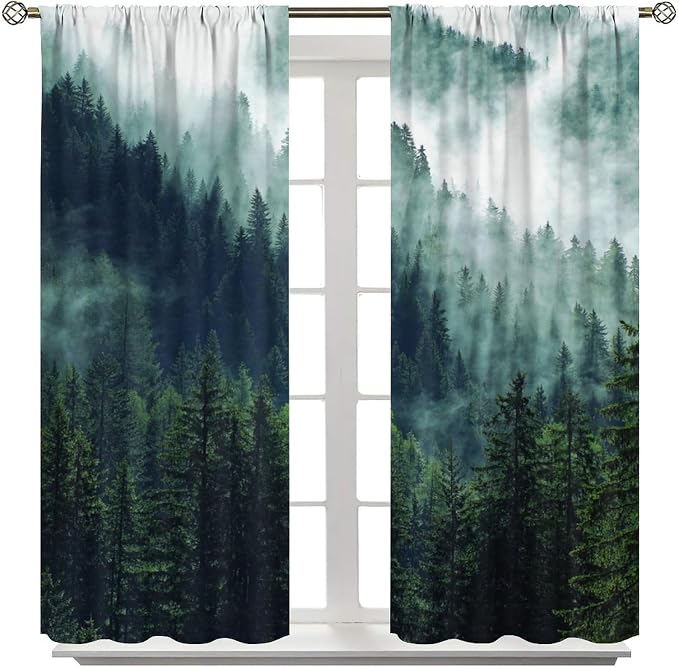 Green Forest Curtains, Watercolor Mountains Nature Forest Plants Trees Flying Birds Blackout Window Treatments, Thermally Insulated Drapes for Kids Boys Girls Living Room Bedroom Nursery 63x72in