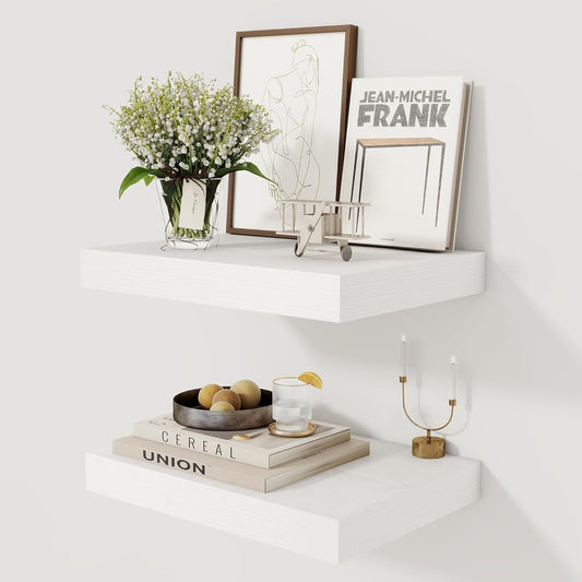 12 Inch Deep White Floating Shelves, 16 x 12 Floating Shelf for Books, Rustic Wood Deep Wall Shelves for Home Storage & Display, 2" Thicked Shelves for Kitchen, Living Room, Bedroom, 2 Pack