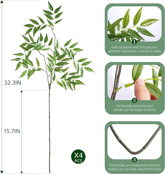 Fake Plants 32.3In Faux Bamboo Leaves Stems Artificial Greenery Stems Artificial Branches for Vase Faux Branches for Vase Fake Green Plants Suitable for DIY Home Office Dining Room Decor 4PCS