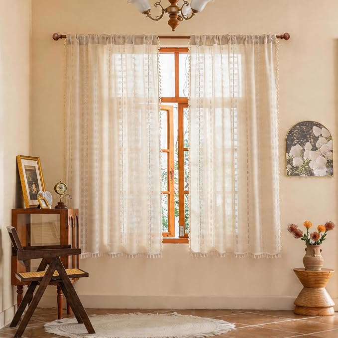 Natural Boho Semi Sheer Curtains 63 inch Length 2 Panel Set for Bedroom & Farmhouse, Bohemian Beige Light Filtering Privacy Drapes Tassels Shabby Chic Embroidery Window Curtains Back Tab & Rod pocket