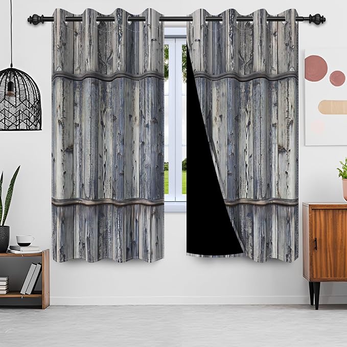 Wooden Barn Doors Kitchen Curtains,Wood Planks Rustic Farm Farmhouse Window Curtains Country Retro Western Vintage Grey Window Curtain Treatments Bedroom Living Room Decor,42x63 inch,2 Panels