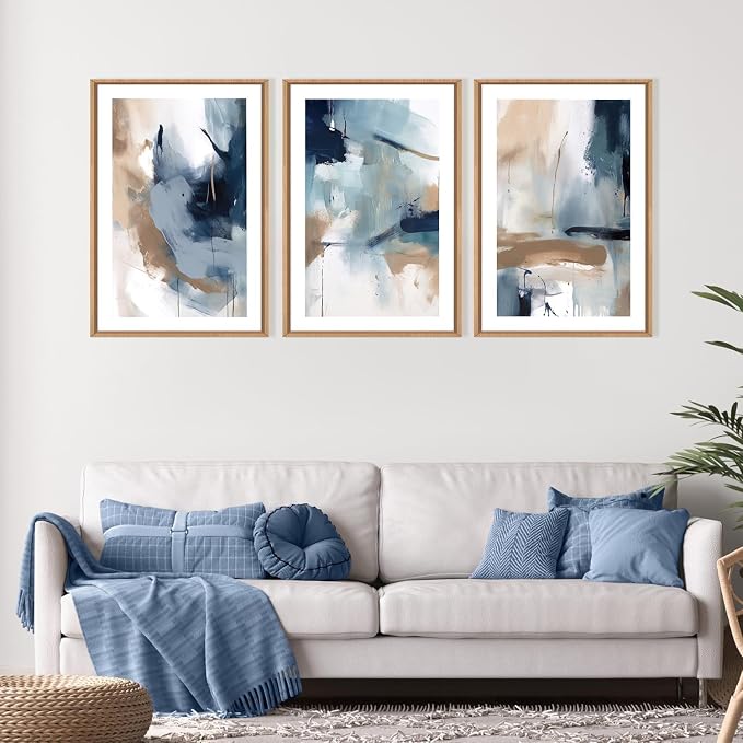 LHIUEM Large Abstract Navy Blue Framed Canvas Wall Art,Neutral Brush Stroke Wall Decor,Modern Pastel Brown Wall Painting,Minimalist Shapes Artwork for Living Room,Bedroom,Office- 24"x36"x3