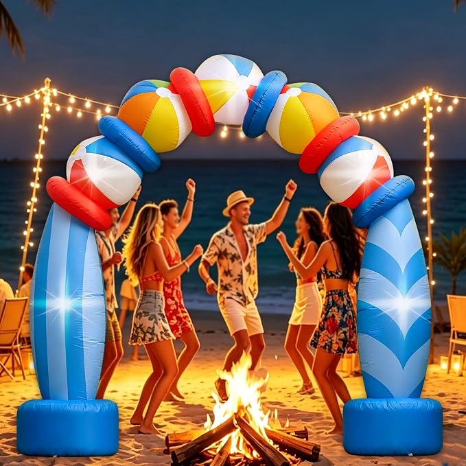7.6FT Beach Ball Surfboard Blow Up Archway, Summer Outdoor Inflatable Decorations with LED Lights, Tropical Inflatable Decoration for Summer Party Backyard Pool Luau Beach Birthday Outdoor Event