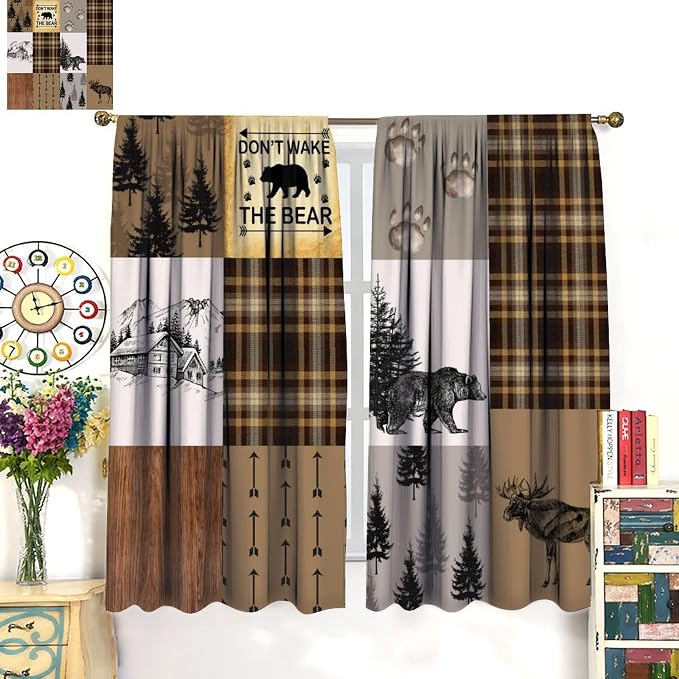 Vintage Animal Blackout Curtains for Kitchen Country Farmhouse Brown Patchwork Plaid Forest Cabin Hunting Deer Bear Animals Windows Treatments for Bedroom Living Room 72x63in