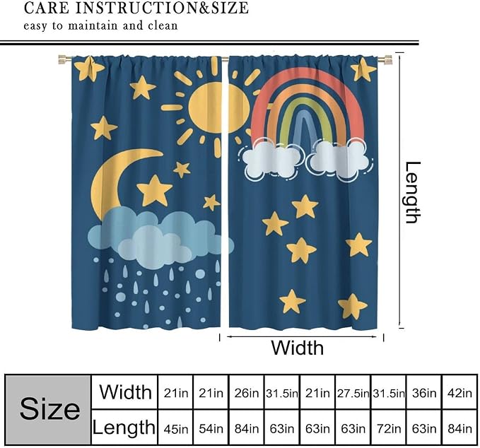 Sun Moon Blackout Curtains, Rainbow Cartoon Cute Moon Sun Star Cloud Colorful Window Drapes, for Kids Bedroom Living Room 42" W X 54" L