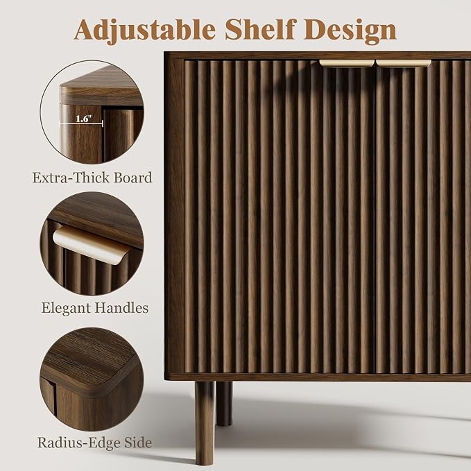 IKALIFE Sideboard Buffet Cabinet with Storage, Modern Fluted Accent Credenza with Doors & Adjustable Shelves, Wood Coffee Bar Console Table for Living Room, Dining Room, Kitchen, Entryway 31.5"Walnut