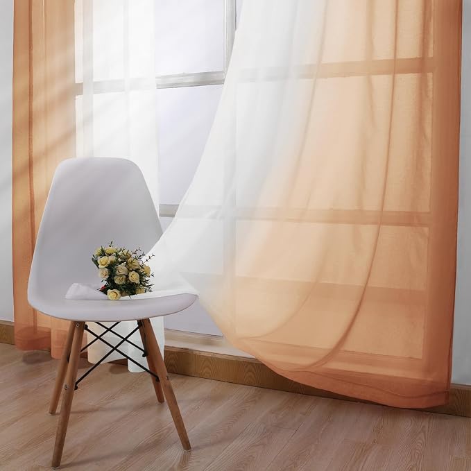 DWCN Fall Faux Linen Ombre Sheer Curtains - 63 inches Long Gradient Semi Voile Curtains for Bedroom and Living Room, Set of 2 Grommet Top Window Curtain Panels, W52 x L63 Inches, Burnt Ochre