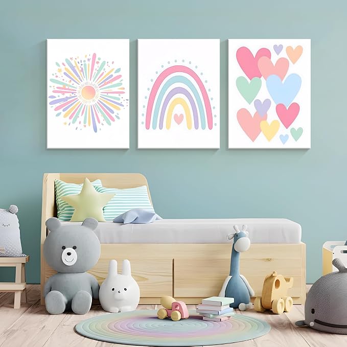 3 Piece Toddler Girl Room Decor Rainbow Decor for Girls Bedroom 16x24 Inch | Colorful Boho Sunshine Paintings for Nursery Decor, Kids Room Wall Decor, Classroom Decoration