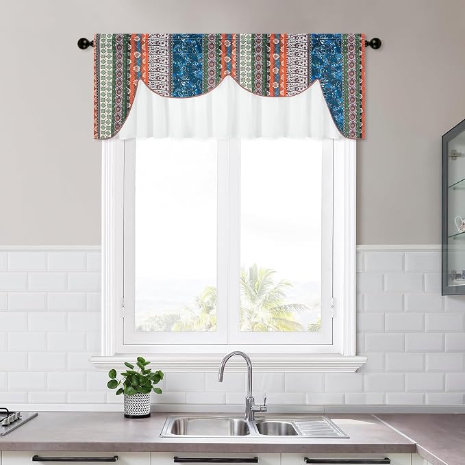 VOGOL Boho Semi Blackout Layered Kitchen Valances, Colorful Striped Print with Sheer Overlay, 1 Panel Rod Pocket Valance for Farmhouse, 52 x 18 Inches