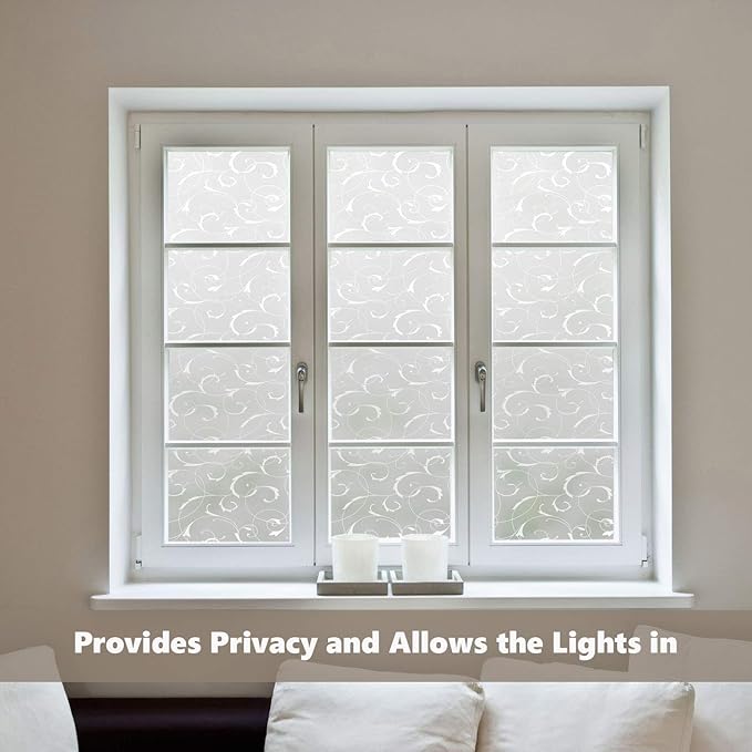 LEMON CLOUD Window Privacy Film, No-Adhesive Static Decorative Window Film, Frosted Stained Glass Window Cling Vine Design (17.5 x 78.7 Inch, White Leaf)