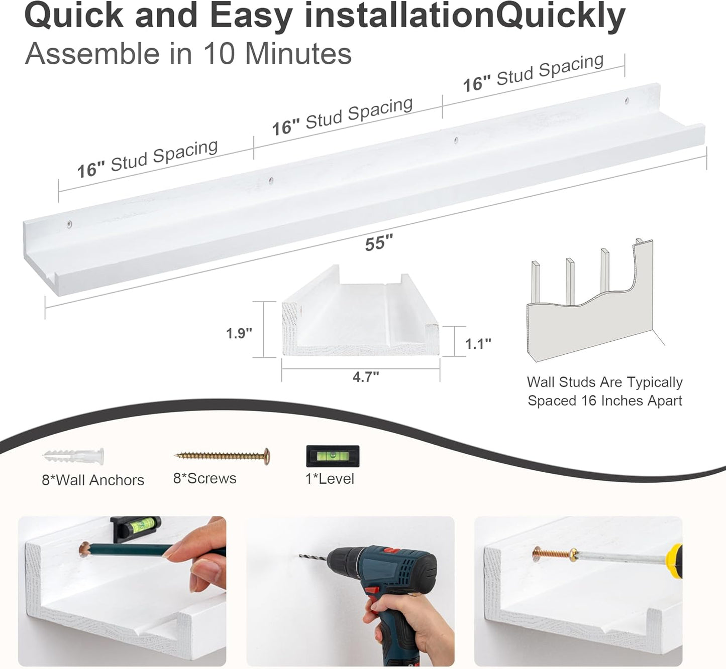Floating Picture Ledge Shelves 55 Inch Solid Oak Wood Set of 2, Rustic Wall Storage Shelves with Lip, Kids Bookshelf, Photo & Picture Ledge Shelves for Bedroom, Living Room, Kitchen