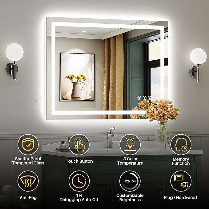 Briivue 40x30 Inch LED Bathroom Mirror with Lights, Backlit & Front Lit, Anti-Fog Lighted Bathroom Vanity Mirror for Wall, Memory Function, Dimmable, HD Tempered Glass, Shatter-Proof