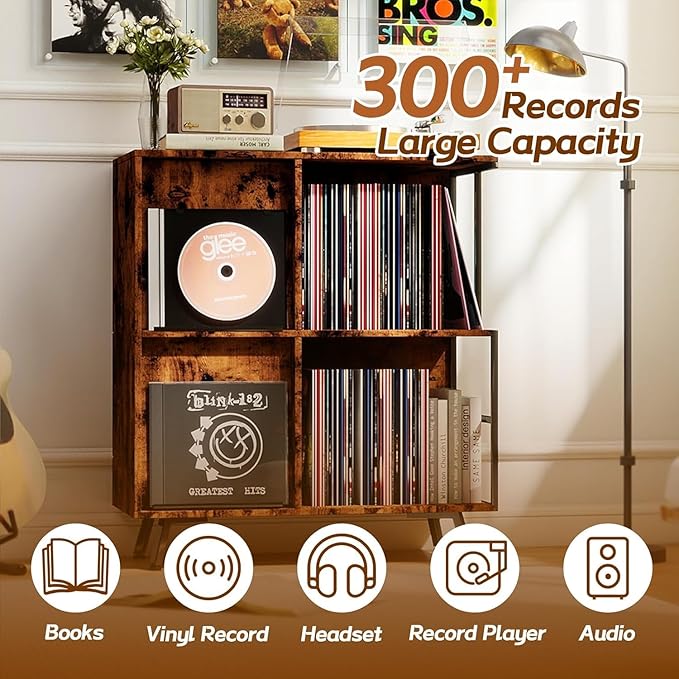 Faesun 3 Tier Flip Top Record Player Stand, Vinyl Record Storage Holds up to 300+ Albums, Large Record Player Cabinet, Vintage Turntable Stand with Vinyl Display, for Living Room Bedroom, Rustic Brown