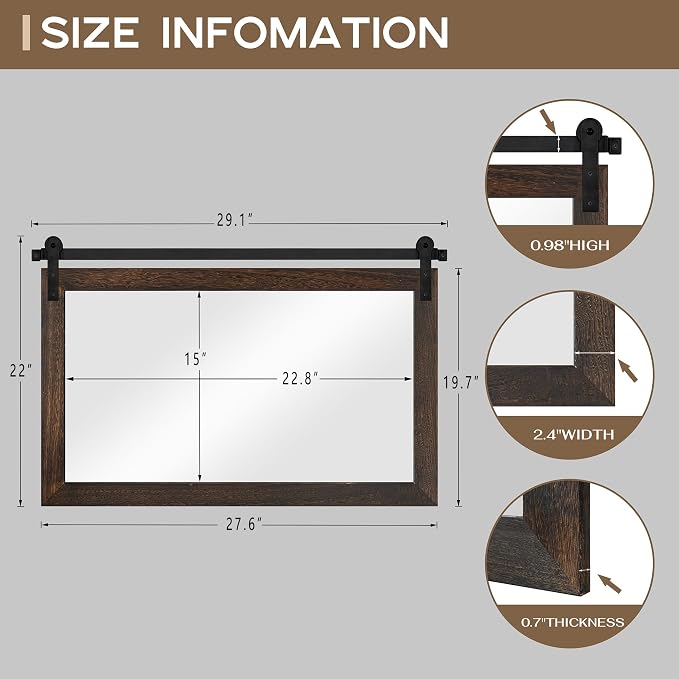 COGOOD Farmhouse Barn Door Mirror - 22 x 29 Rustic Wood Framed Wall Mirror for Bathroom, Living Room, Entryway Wall Decor (Black Brown)