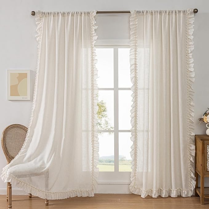 Extra Long Ruffle Curtains 108 Inches Long 2 Panels, 58x108 Inch, Natural Linen Textured Ruffled Curtains for Living Room Rod Pocket Privacy Light Filtering Cottagecore Semi Sheer Flowy Window Drapes