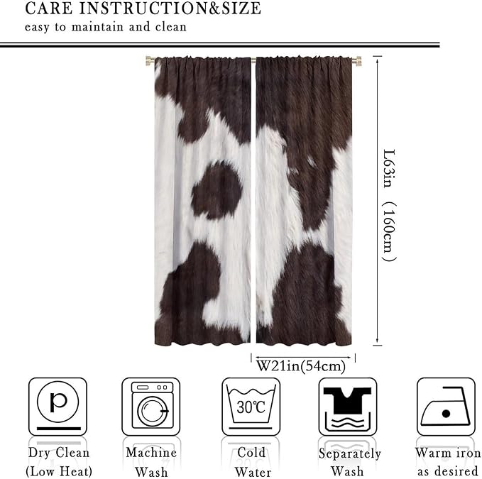 Cow Print Blackout Curtain,Retro Animals Fur Skin Cowhide Farm Style Window Treatments Rod Pocket Curtain for Bedroom Living Room Kitchen Decor Drapes 42x63in
