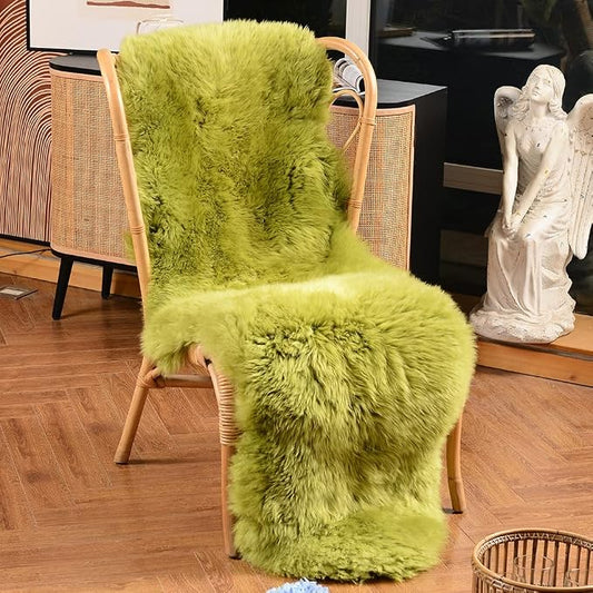 LLB Genuine Sheepskin Area Rug Wool Rug Fur Carpet Fluffy Shaggy Fur Rug for Living Room Kids Bedroom Real Sheepskin Throw Rugs Sofa Mat Chair Seat Covers (Pea Green, 2 x 6 ft Sheepskin)