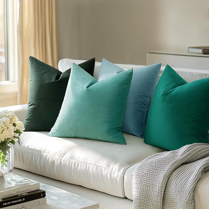 MIULEE 24x24 Inch Euro Sham Velvet Pillow Covers, Set of 2 Large Square Decorative Pillows -Aqua Green Super Soft for King Bed, Sofa, Couch, Accent Chairs with Hidden Zipper
