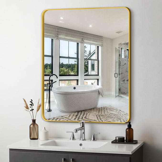Delma Bathroom Vanity Mirror, Black Framed Bathroom Mirror for Over Sink, High-Definition Bathroom Mirror, Versatile Bathroom Vanity Mirror, Hangs Horizontally or Vertically(36x30, Gold)