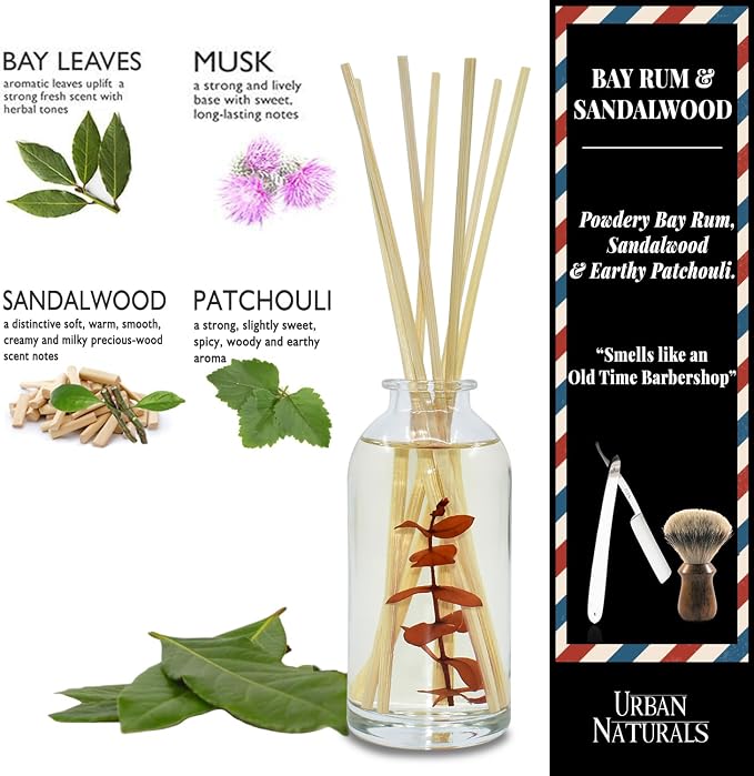 Urban Naturals Reed Diffuser Set, Bay Rum & Sandalwood - Bathroom Décor | Powdery Bay Rum, Earthy Patchouli & Musk, A bold, spicy, Masculine scent