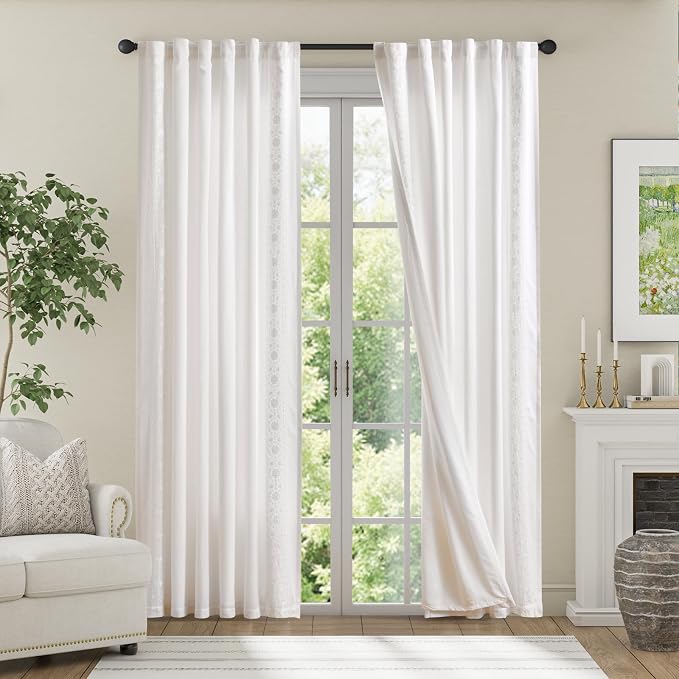 jinchan Weslie White Linen Curtains for Bedroom Vintage Floral Farmhouse Curtains 84 Inches Long Linen Lined Drapes for Living Room Embroidered Drapes Off White 2 Panels