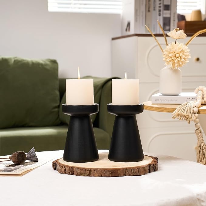 Wood Candle Holders for Pillar Candles, Set of 2 Vintage Rustic Tall Modern Farmhouse Decor, Decorative Wooden Candlestick Stand for Fireplace Mantel, Table Centerpiece - Black
