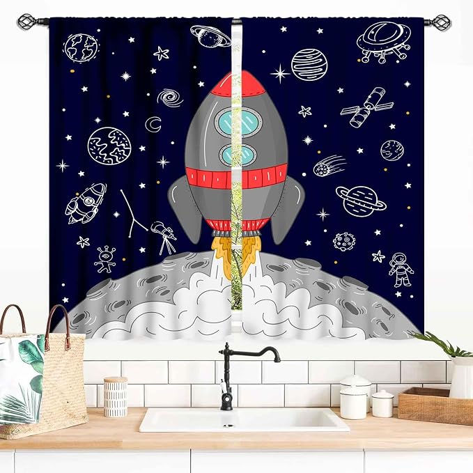 Kids Space Curtains for Boys Room, Cartoon Rocket Universe Galaxy Space Planets Navy Blackout Kids Window Drapery Treatments for Bedroom Living Room Nursery Playroom 2 Panels, 55x39 Inch