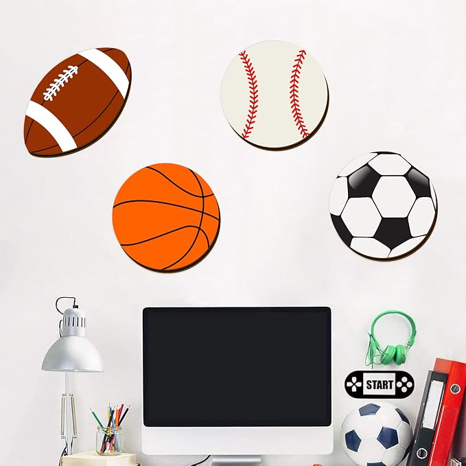 Sport Ball Wall Decor Wood Sports Room Decorations Ball Room Decor Sport Wall Art Plaque Wooden Soccer Baseball Basketball Rugby Football Decor For Boys Room Kids Bedroom Teens Playroom Nursery