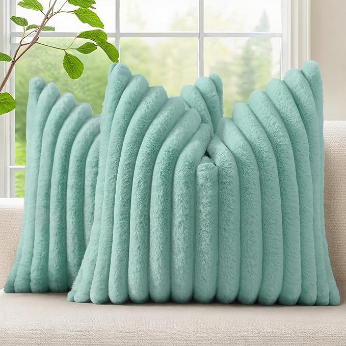 decorUhome Fall Cozy Faux Fur Throw Pillow Covers 20x20 Set of 2 Decorative Soft Plush Striped Modern Farmhouse Boho Couch Pillow Cases with Velvet Back for Sofa Bed Living Room, Aqua