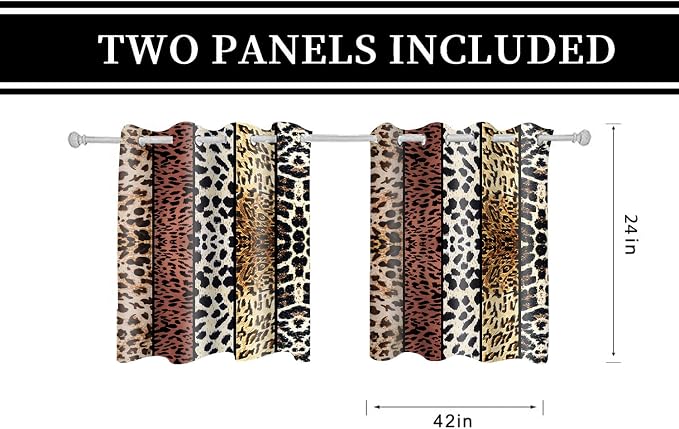Wild Animal Print Curtain, Room Darkening Thermal Insulated Blackout Leopard Boa Window Drapes with Grommets for Living, Dining, Bedroom, Brown Leopard Print, 42"x 24", 2 Panels