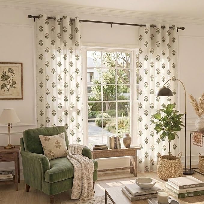Brown and Green Vintage Floral Curtains for Living Room, Rustic Linen Semi Sheer Grommet Drapes, Country Farmhouse Dining Room Curtains 84 Inch Length 2 Panels Set