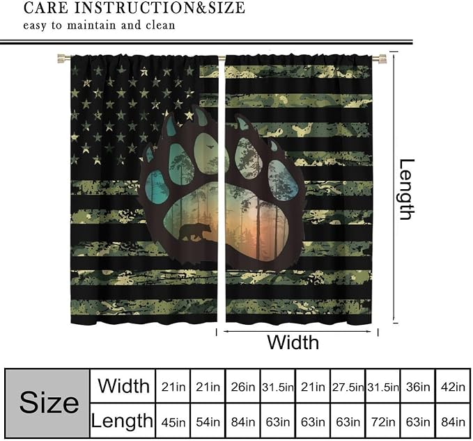 Rustic Bear Curtains,Vintage Cabin American Flag Independence Day Drapes for Bedroom Living Room Kitchen Window Treatment 2 Panels Set Total Size 42" W X 45" L Inch