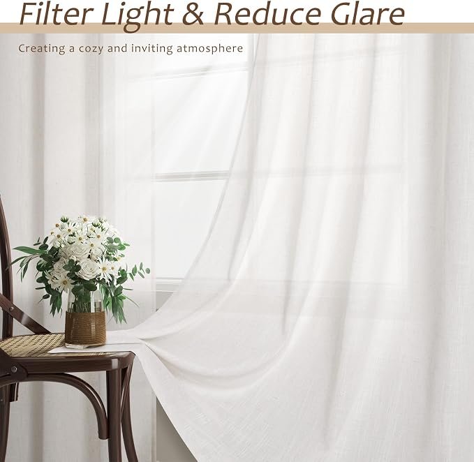 Aersas Linen Back Tab Curtains 84 Inches Long for Living Room Sheer Privacy Rod Pocket Window Drapes 2 Panels Set for Dining Room Bedroom Light Filtering Modern Farmhouse Curtain 52x84 Beige White