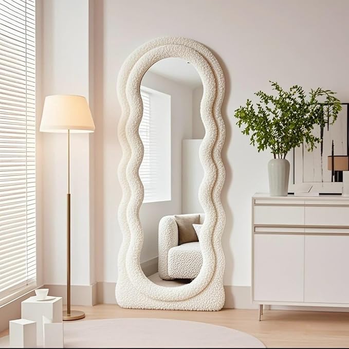 Dewfig Full Length Mirror, 63" x 24"Irregular Wavy Mirror, Large Floor Length Mirrors Wall Mounted, Standing Wavy Mirrors with Teddy Velvet Wrapped Wooden Frame for Bedroom/Living Room, White