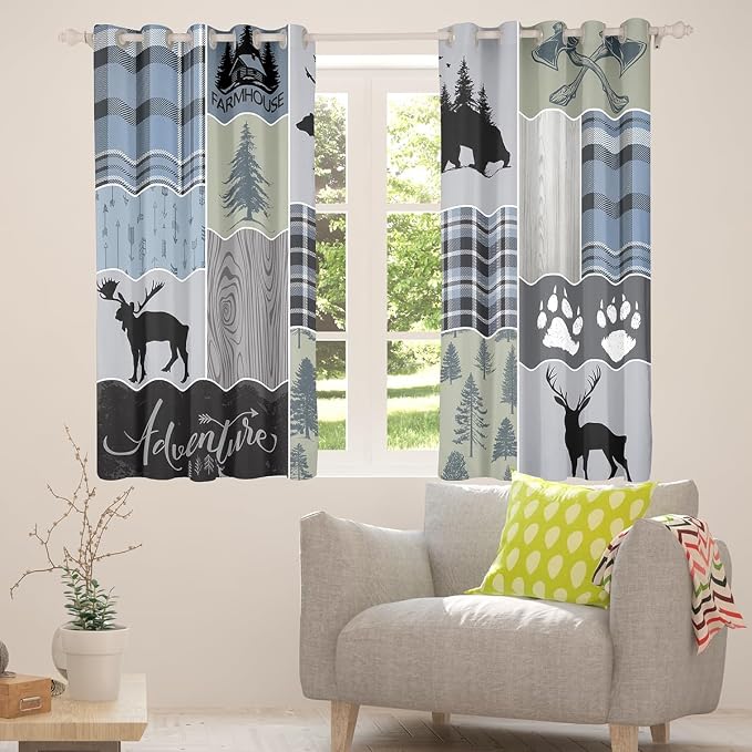 Rustic Patchwork Window Curtains, Checkered Buffalo Plaid Curtains For Kids Teens Adult, Woodland Wildlife Bear Moose Elk Pine Trees Pattern Printed Blackout Curtains Farmhouse Decorations,42"Wx90"L