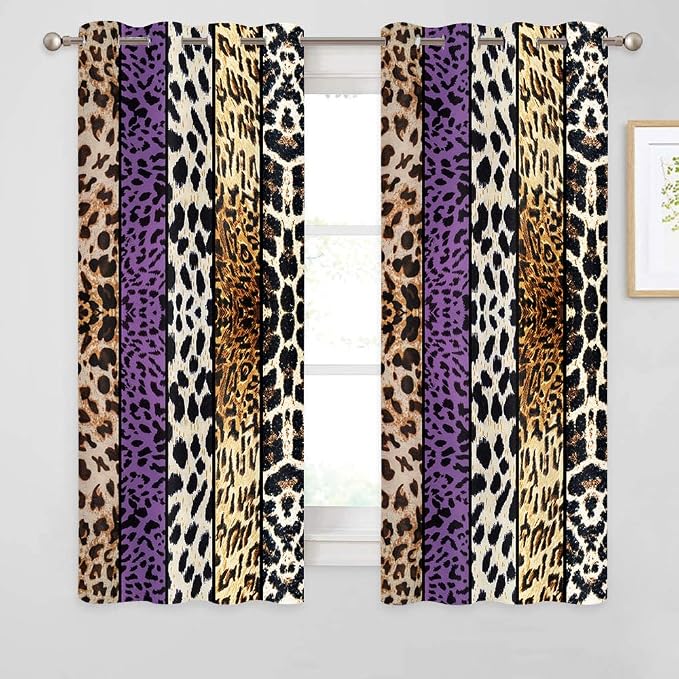 Wild Animal Print Curtain, Room Darkening Thermal Insulated Blackout Leopard Boa Window Drapes with Grommets for Living, Dining, Bedroom, Purple Leopard Print, 52"x 63", 2 Panels