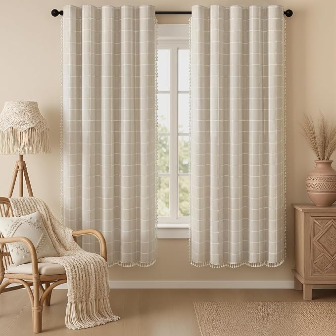 Boho Blackout White Plaid Curtains 72 Inch Beige Linen Blend Drapes with Tassels 2 Panels, Cotton Embroidered Farmhouse Curtains for Living Room Bedroom Rustic Vintage Decor