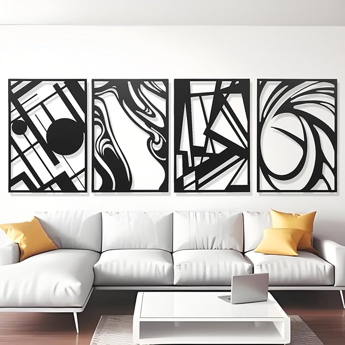 AMAATE Black Metal Wall Art, 4 Pieces Abstract Modern Line Art Sculpture, Hollowed Out Geometric & Fluid Metal Wall Hanging Decor for Living Room Bedroom Office 11" X 14.6" in