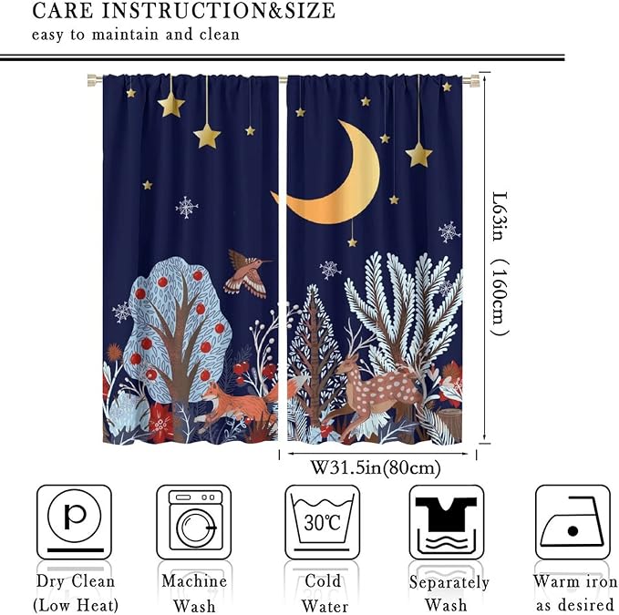 Rustic Animal Curtains, Wild Forest Animal Bear Fox Deer Kids Window Treatments for Living Room Bedroom, Farmhouse Woodland Blackout Drapes 2 Panel Sets, 63x63 Inch