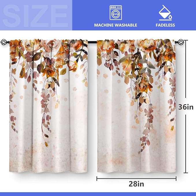Aimego Fall Floral Leaves Kitchen Curtains - Rustic Watercolor Art Plant Flower Botanical Country Nature Short Cafe Tier Curtains Decor for Dining Room Rod Pocket Window Drapes 2 Panels Set 28"x36"