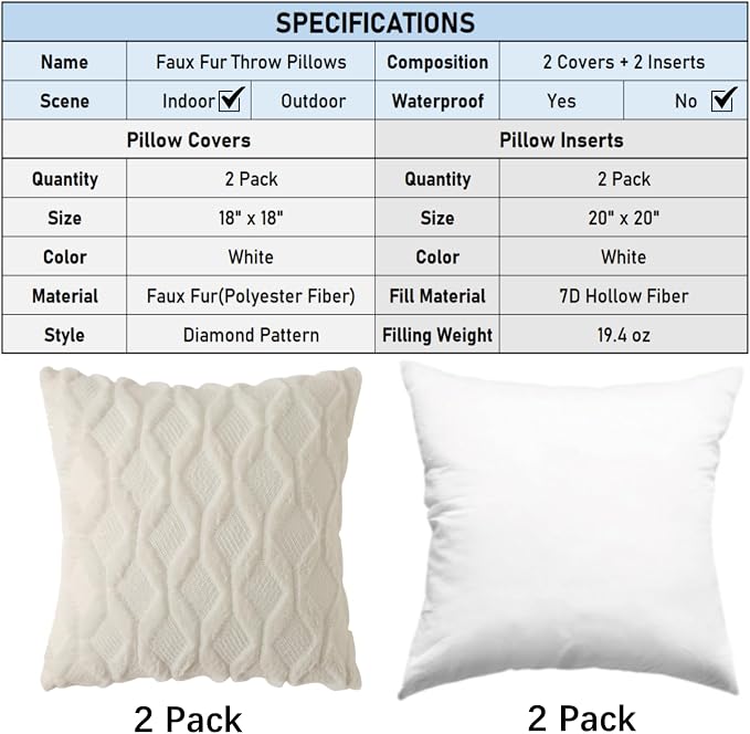 Decorative Throw Pillow with Inserts, Set of 2 Soft Faux Fur Throw Pillows, Square Boho Pillow for Couch, Bed, Sofa Decor (White(18" x 18"))