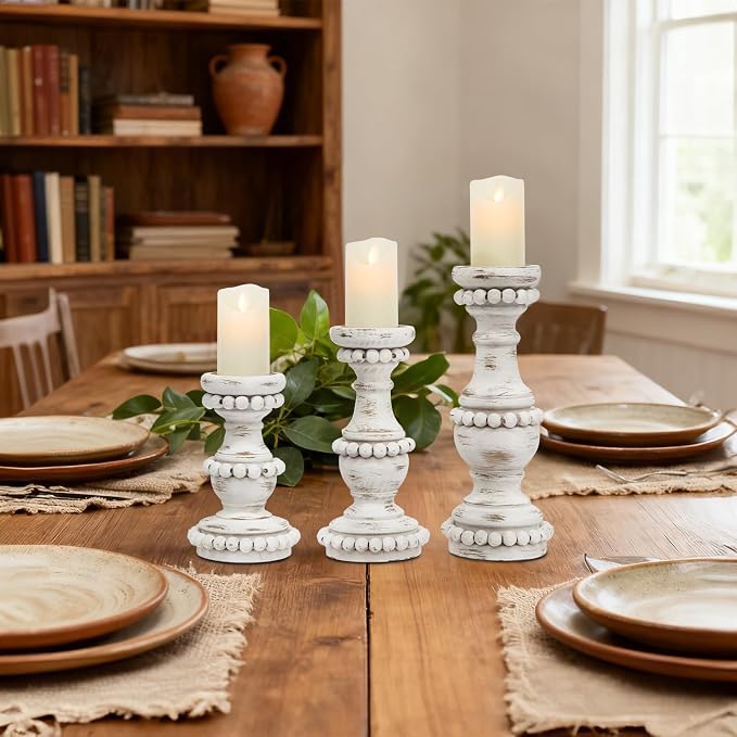 Farmhouse Large Candle Holders for Pillar Candles, Rustic Wooden Beaded Candle Holder, Perfect for Table Centerpieces, Coffee Table or Fireplace Mantel, 3 Piece Set (White)