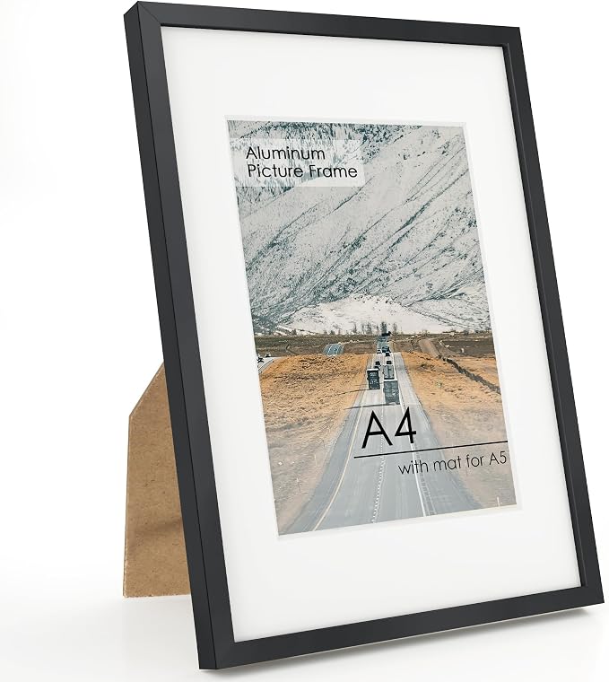 FLYJOE A4 Picture Frame Black - High-End Metal 8.3 x 11.7 Frame Aluminum Frame for Wall, Photo Frame with Mat for A5, 8.25 x 11.75 Poster Frame, Certificate Frame with Glass, Wall Kit, Black