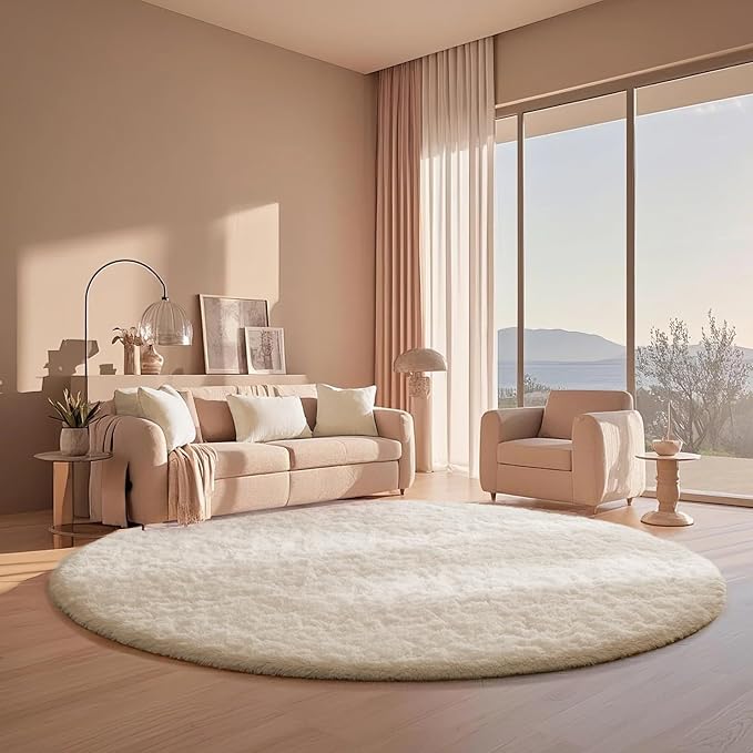 Ophanie Round Rugs 6Ft Ivory Circle Area Rug, Aesthetic Room Decor, Fluffy Fuzzy Bedroom Carpet, Plush Soft Shaggy Cream Living Room Rugs for Kids Home Decor, Nursery with Over 99 pcs Pile fibers